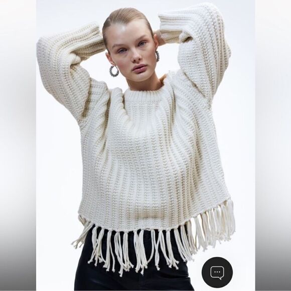 H&M- Women’s Cream Fringe-Trimmed Chunky Knit Fisherman Wool Blend Sweater, M - Picture 1 of 11